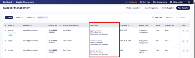 A screenshot showing where to see custom fields in supplier list