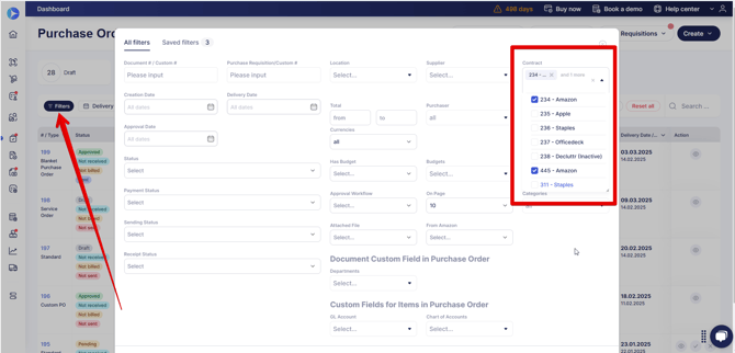 A picture showing an example of filters on the purchase orders page