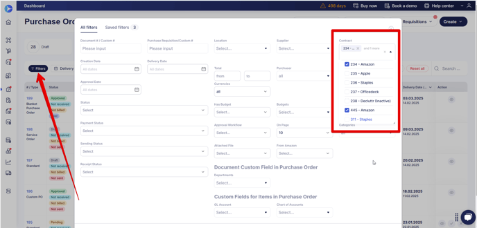 A picture showing an example of filters on the purchase orders page