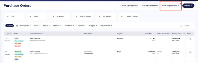 A screenshot showing how to start creating a PO from requisitions