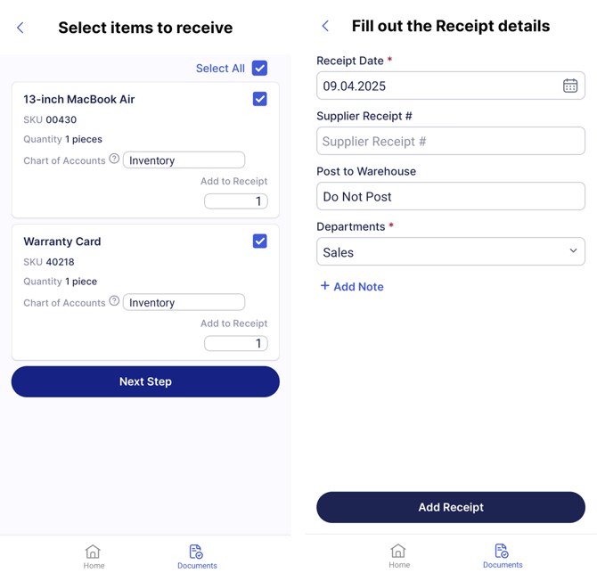 A photo showing how to add items and receipt details on mobile