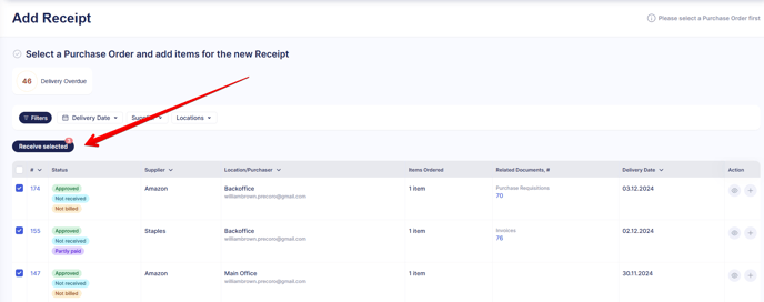 A screenshot showcasing bulk selection of purchase orders for receipt