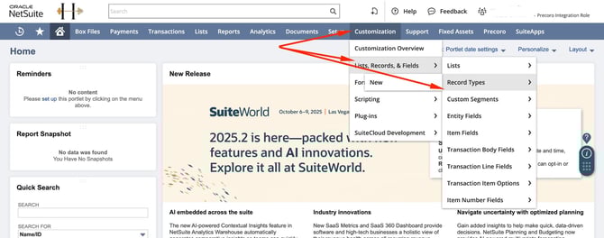 A screenshot directing to the record types page