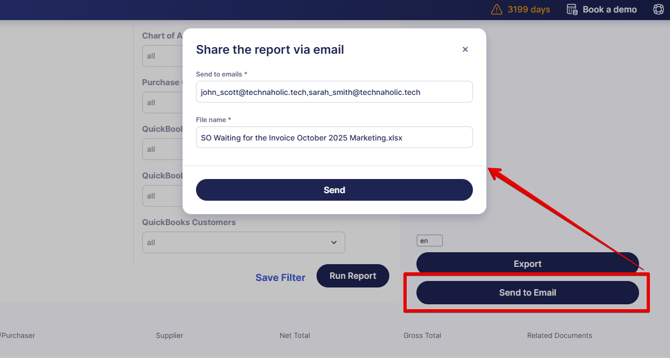 A picture of a pop-up window that helps you send reports via email