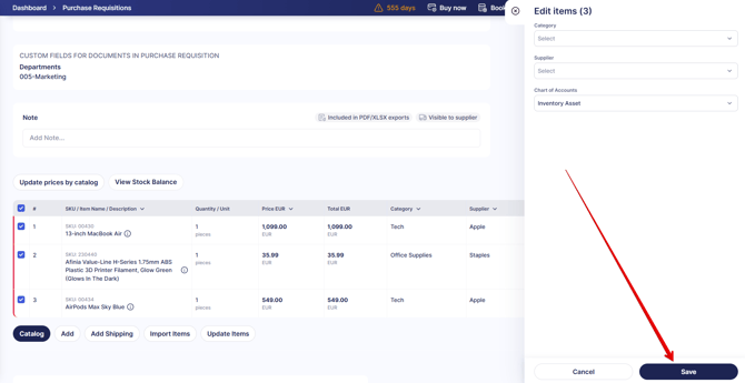 A screenshot directing to the button that saves the changes in all selected items