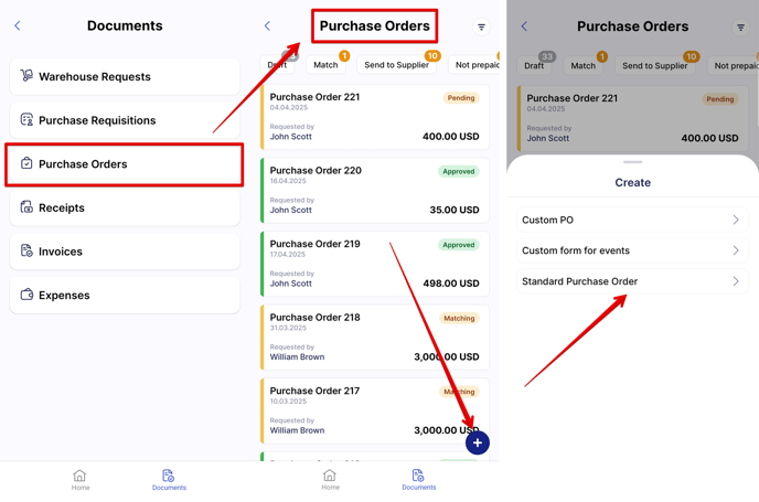 An image highlighting the first step of document creation in the Precoro mobile app