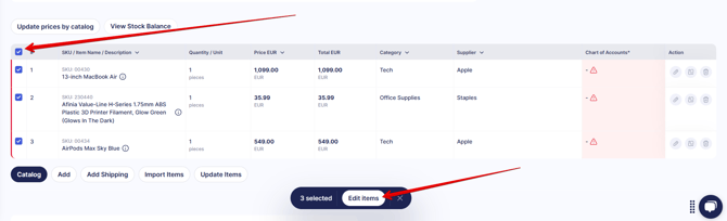 A PR page screenshot highlighting the Select All checkbox and the Edit Items button that allows bulk editing