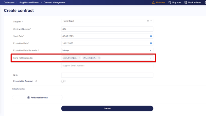 A screenshot highlighting selected emails for contract notification