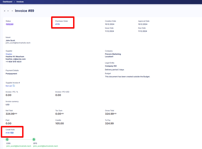 A screenshot showing CN and PO numbers in Invoice