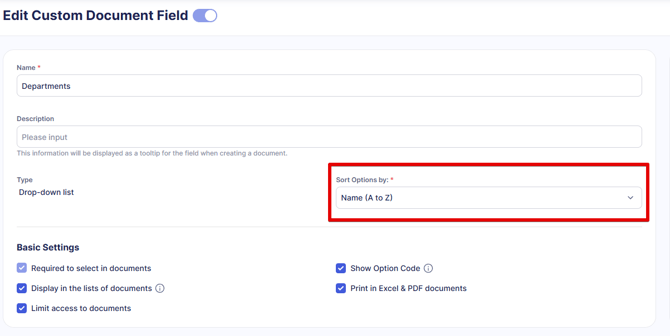A screebshot showing how to choose option sorting in custom field setings