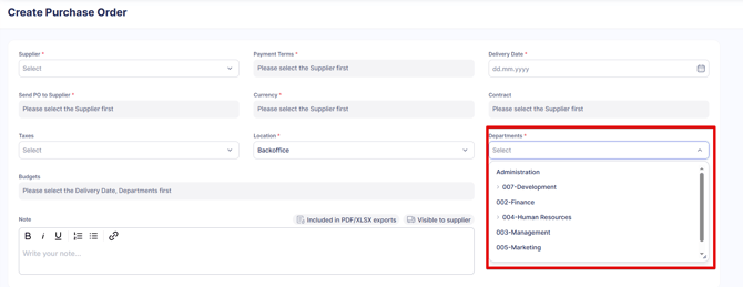 An example of sorted options on a document creation page