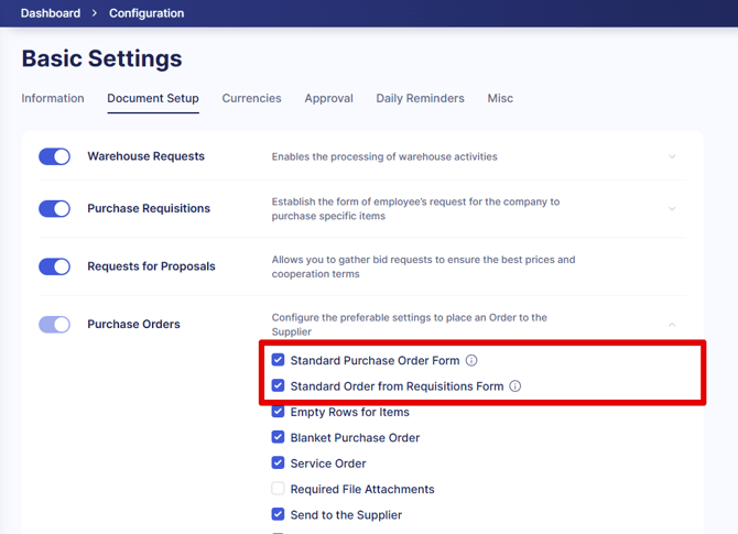 A Basic Settings screenshot that shows where you can disable standard PO forms