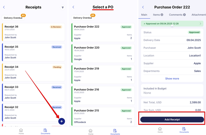 A screenshot with the first steps of adding a receipt in Precoro mobile