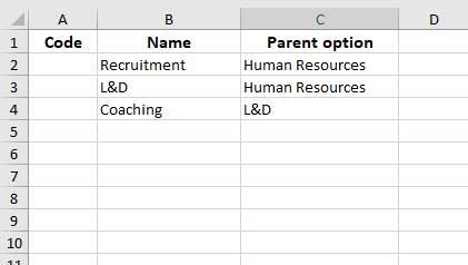A sample filled template adding sub-options to previously existing option and to one entered in the file