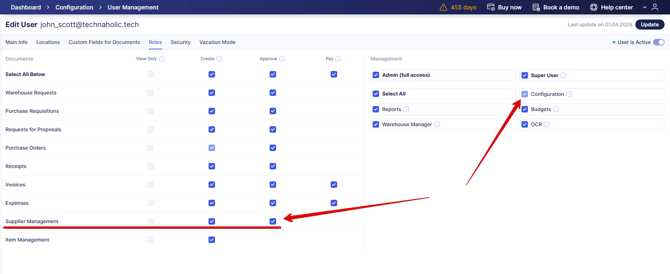 A User Management screenshot highlighting necessary roles