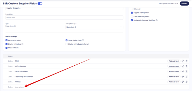 A screenshot of supplier fields option table