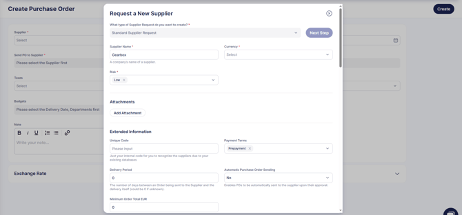 Screenshot showing an example of an updated form to request suppliers from documents