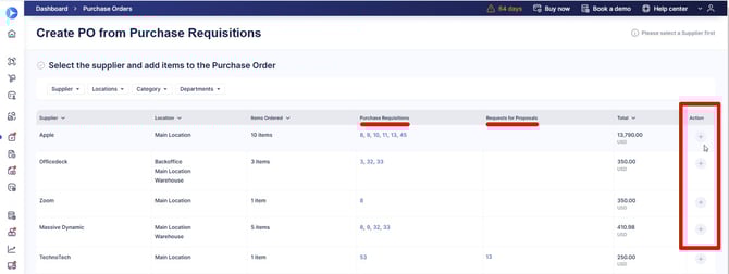 A screenshot showing supplier list with related requisition documents