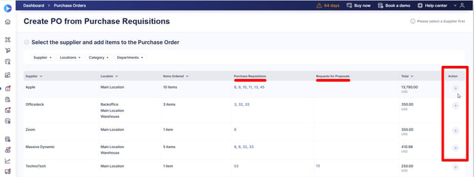 A screenshot showing supplier list with related requisition documents