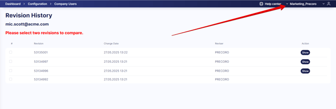A screenshot that shows how you can switch between companies