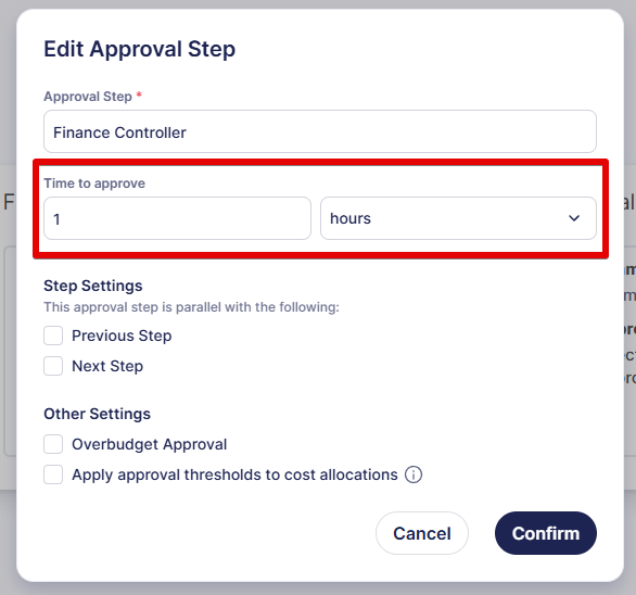 A screenshot of the new field you fill out to set up approval SLA for a chosen approval step