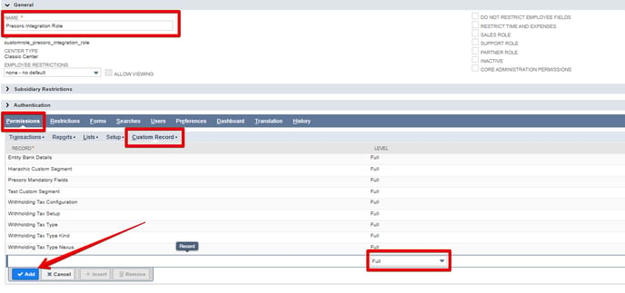 A NetSuite role editing page screenshot showing necessary permission changes