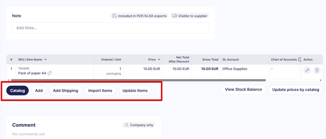 A screenshot showing buttons that allow adding or updating items in a document